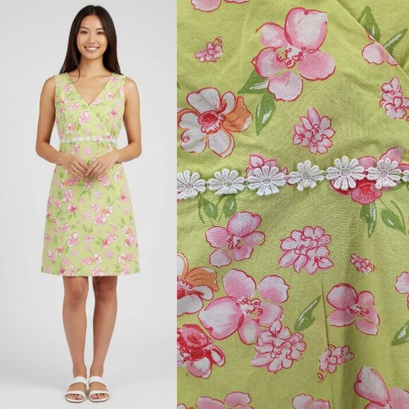 Vintage y2k Bay Studio Midi Dress Faux Wrap Floral Green Crochet Size Petite M - Picture 1 of 10